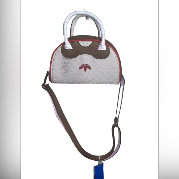 New Adidas Trefoil Monogram Jacquard Suede Satchel Bag Wonder Taupe - Picture 2 of 5